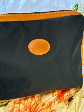 Longchamp 2 piece Black Nylon & Brown Leather Zip Pouches